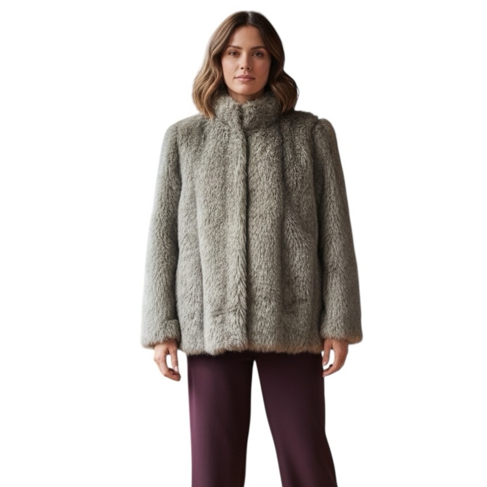 Elegant Gray Faux Fur Coat Size Medium